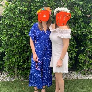 Blue long romper with tie.